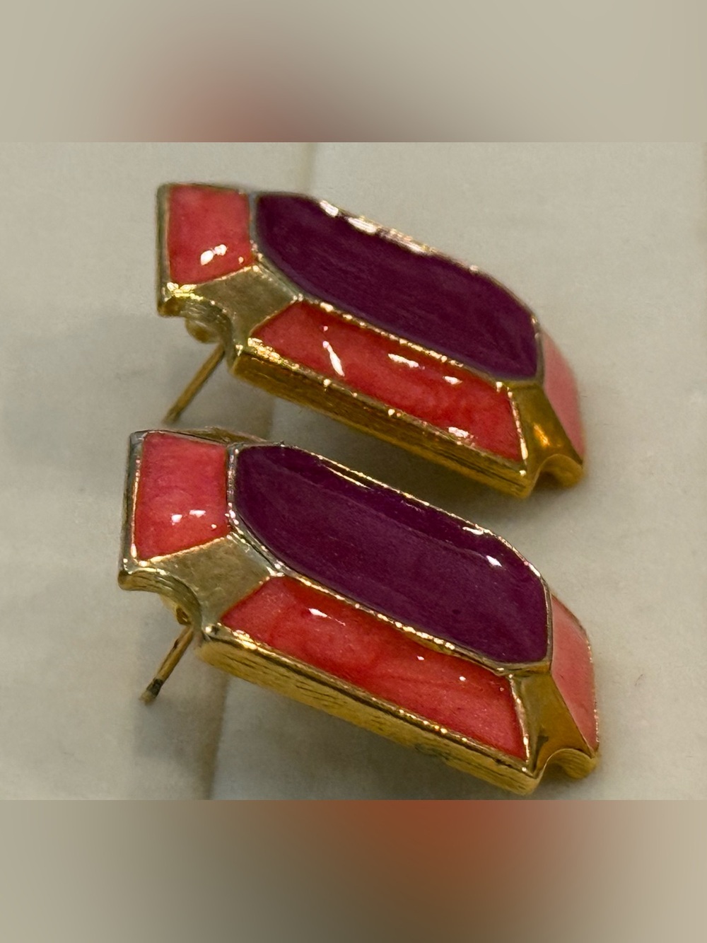 Gold-Tone Purple and Coral Enamel Rectangle Stud Earrings - Picture 5 of 9